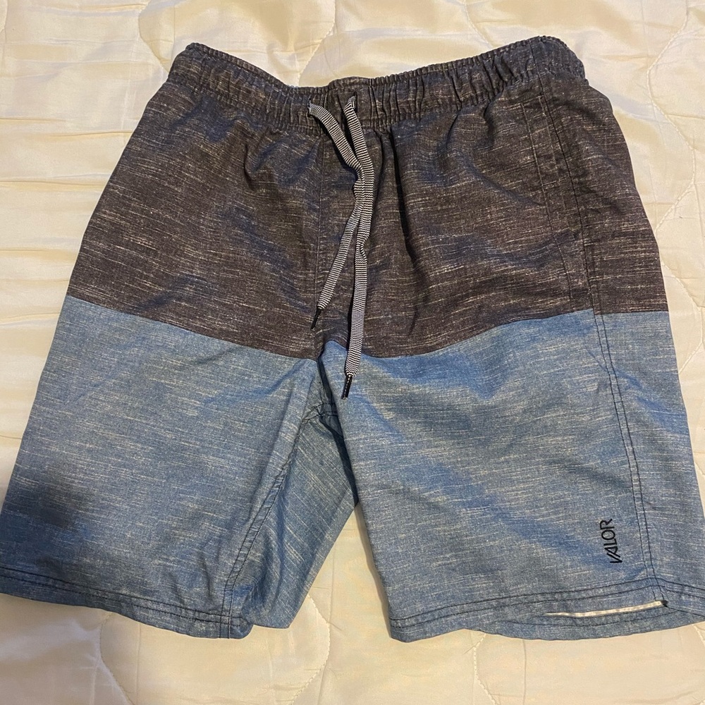 Dark gray & blue bathing suit.